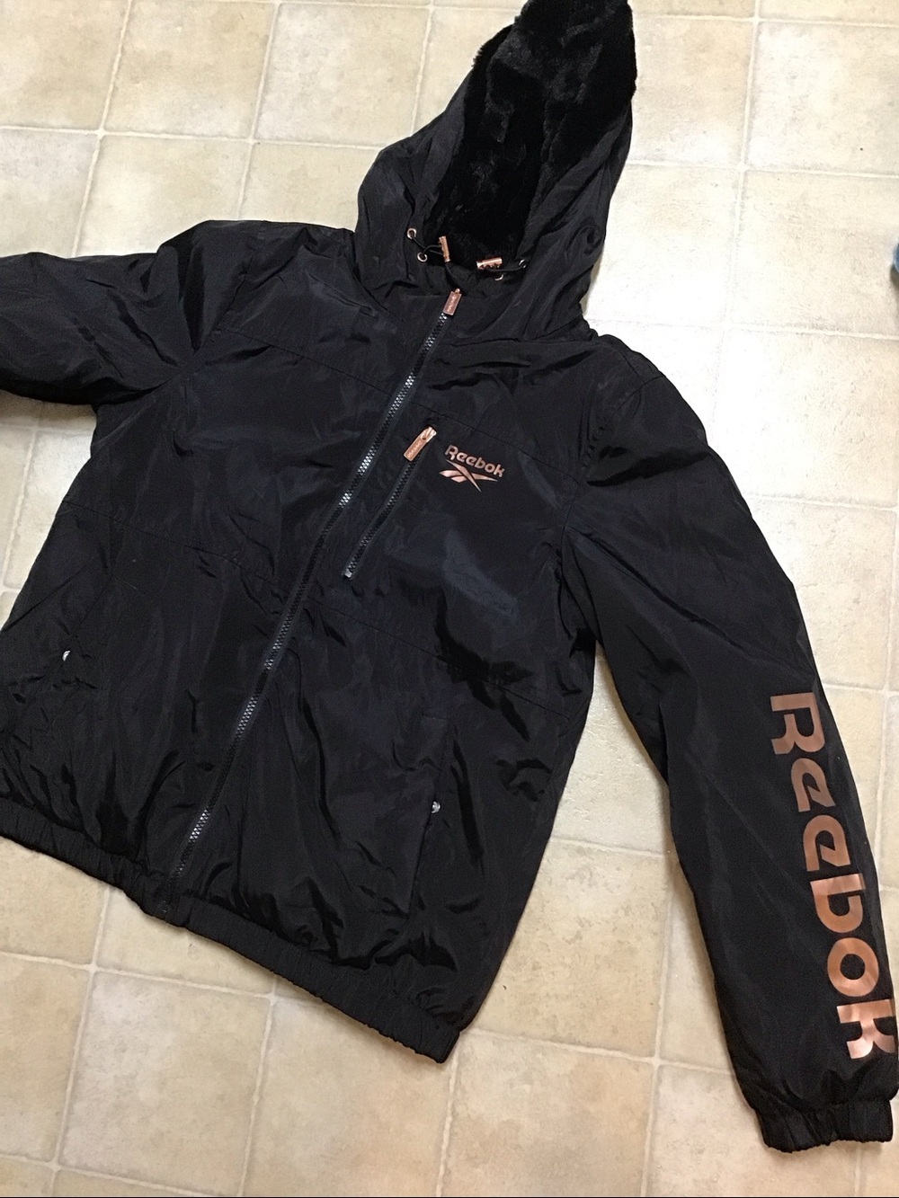 Reebok Black Hooded Puffer Jacket with Rose Gold Accents Size M
